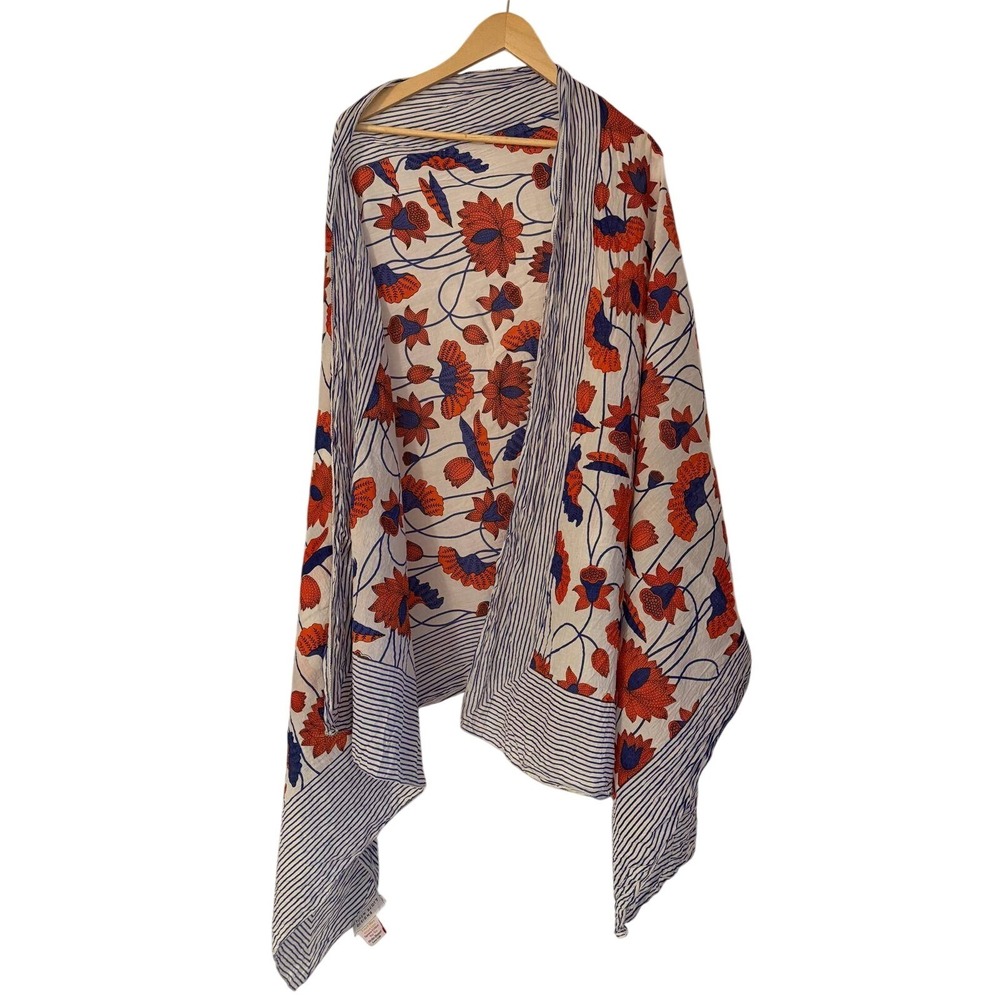 Gretchen Scott Designs Cotton Scarf Orange Blue Floral Striped Border Wrap 80x32